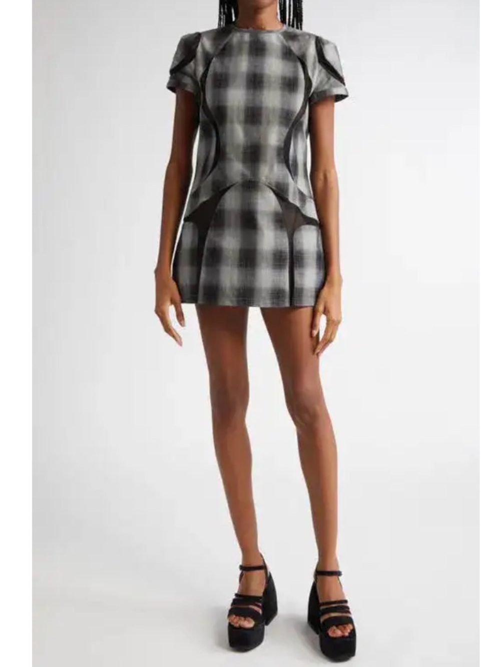 Ashley Williams Space Mesh Inset Plaid Grey Black Cotton Structural Mini Dress